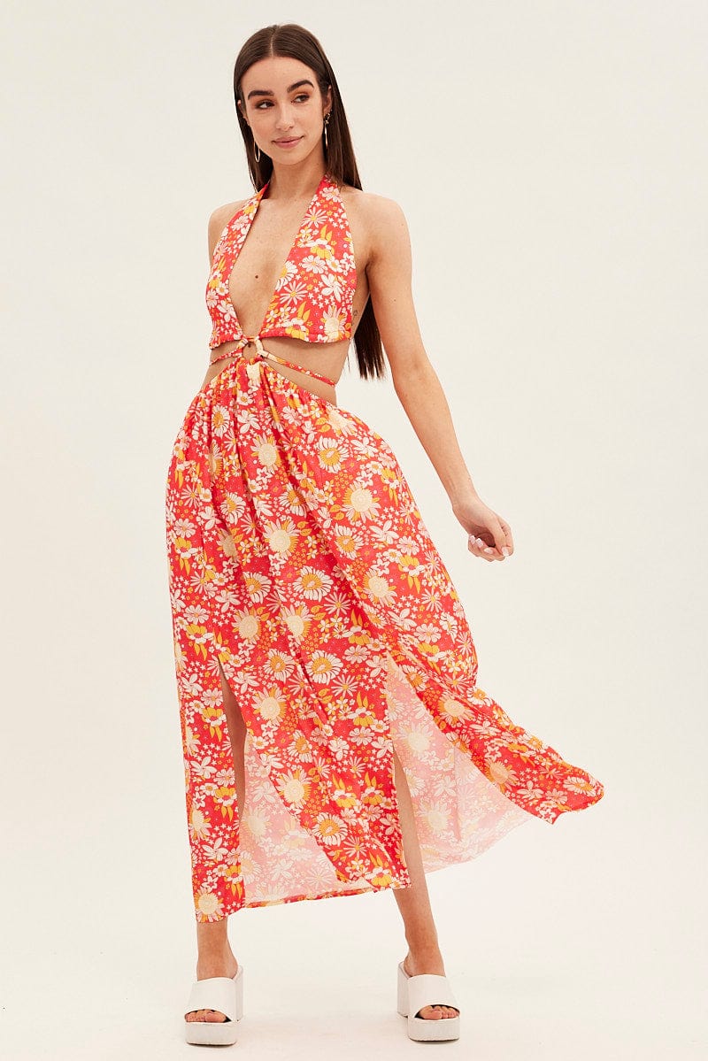 Red Floral Maxi Dress Cutout Front Split