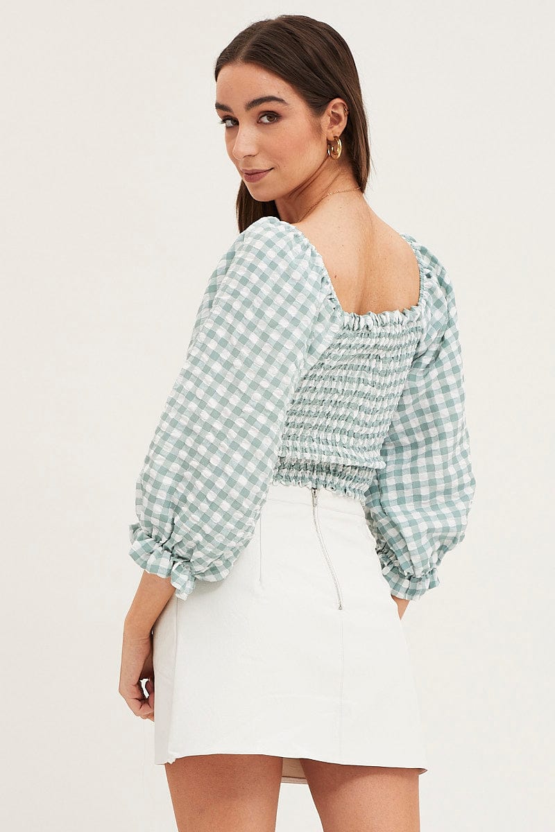 Check Shirred Top Three-Quarter Crop