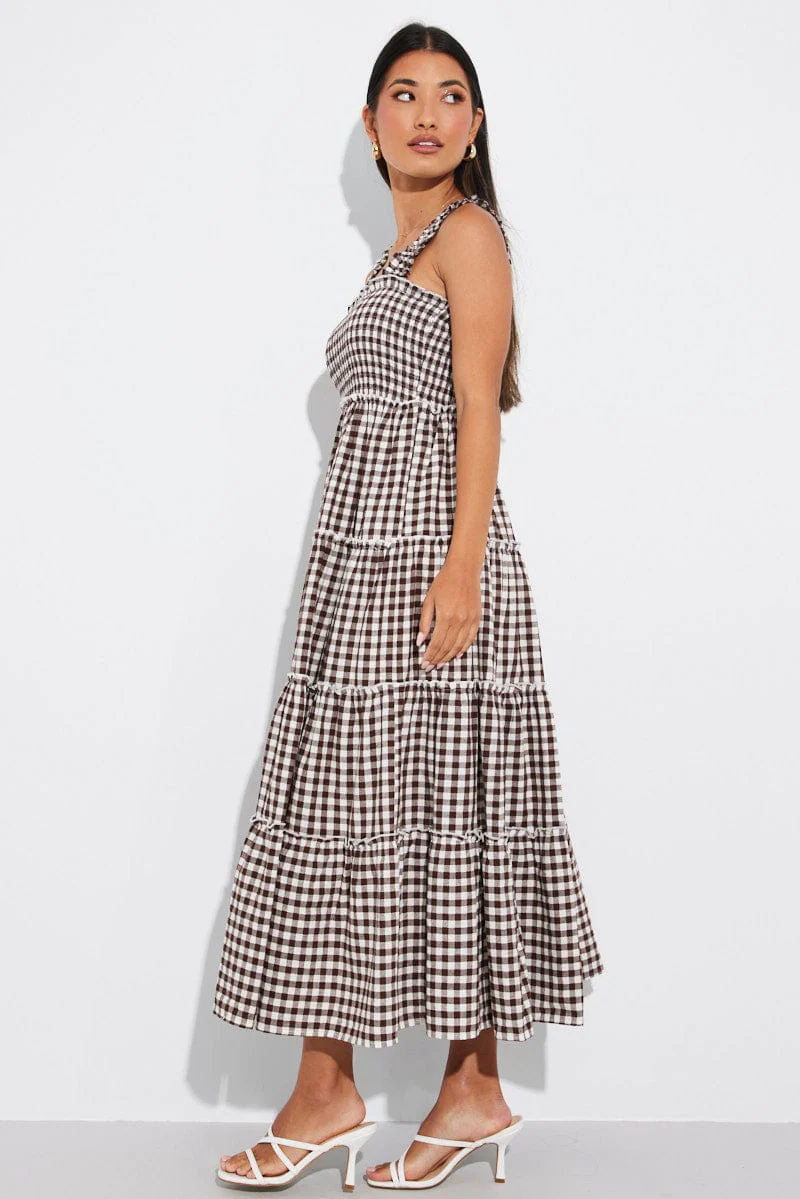 Brown Check Maxi Dress Shirred Bust Tiered