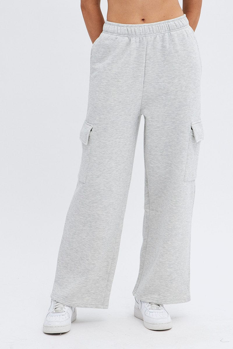 Grey Cargo Track Pants High Rise