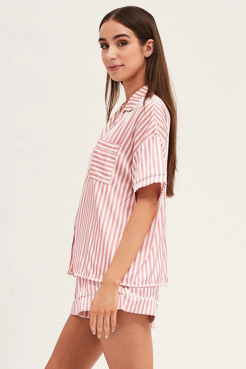 Stripe Satin Short Sleeve Top & Shorts Pj Set