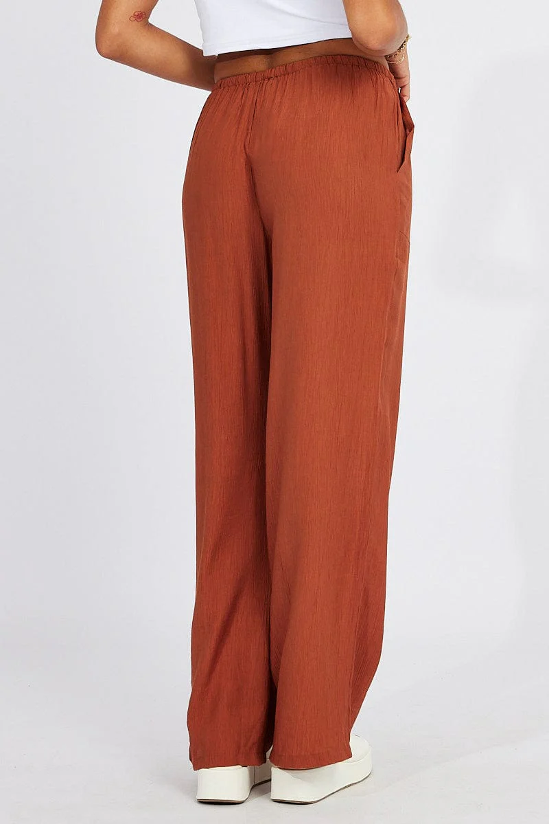 Brown Wide Leg Pants Textured Fabric