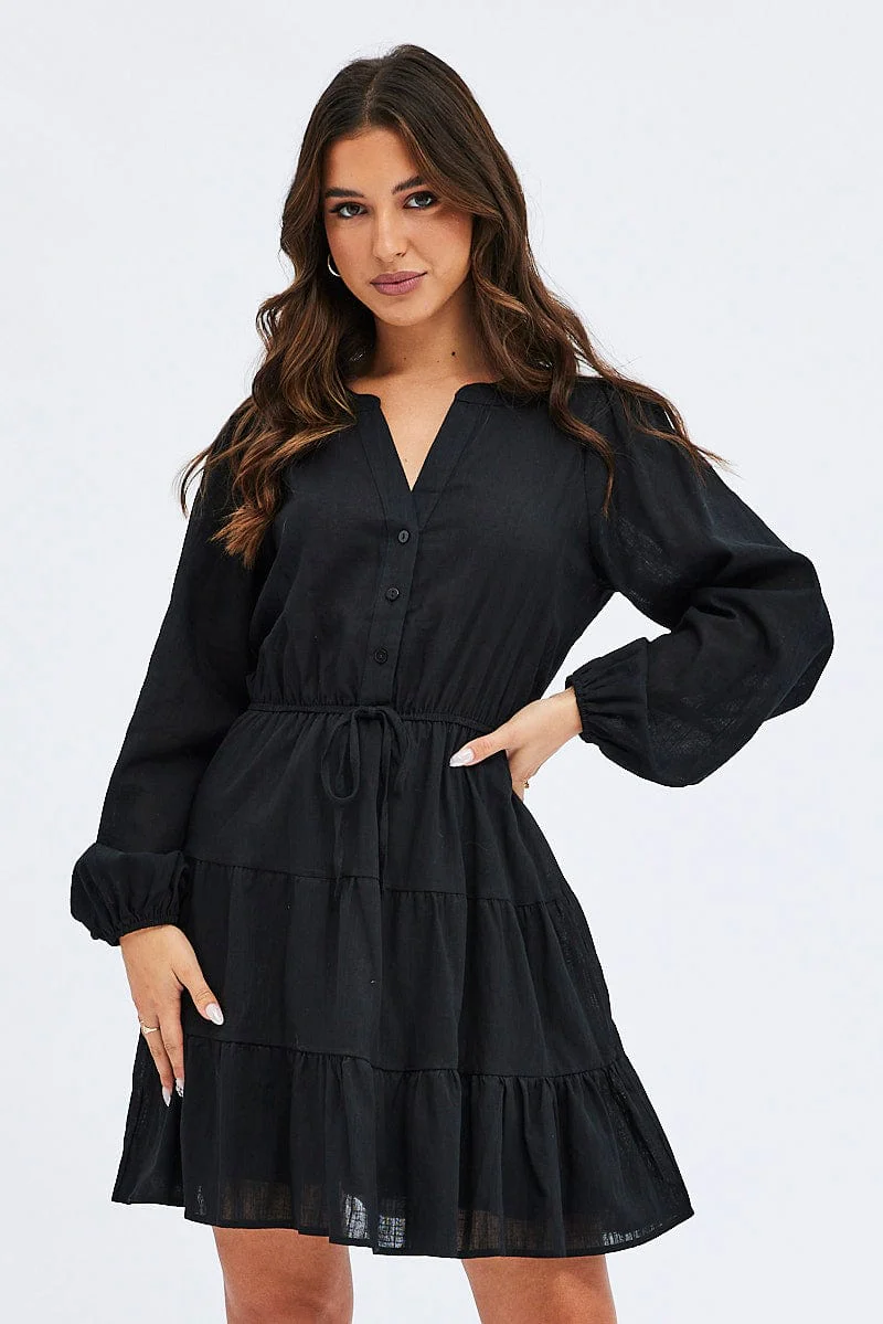 Black Shirt Dress Long Sleeve Tiered