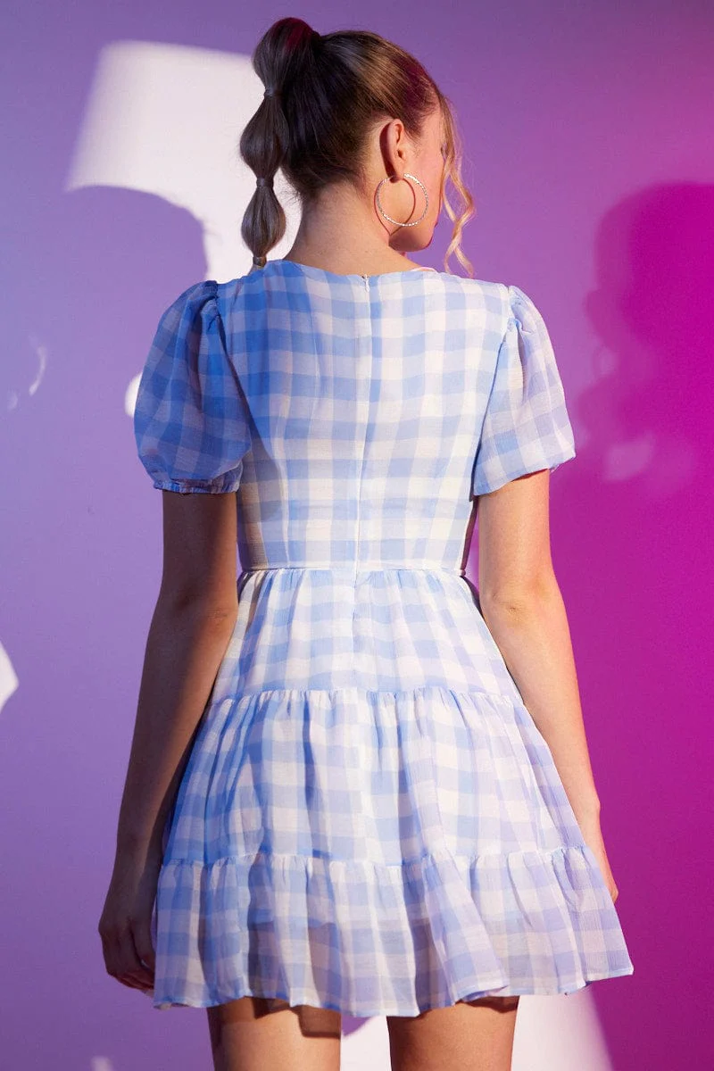 Check Mini Dress V Neck