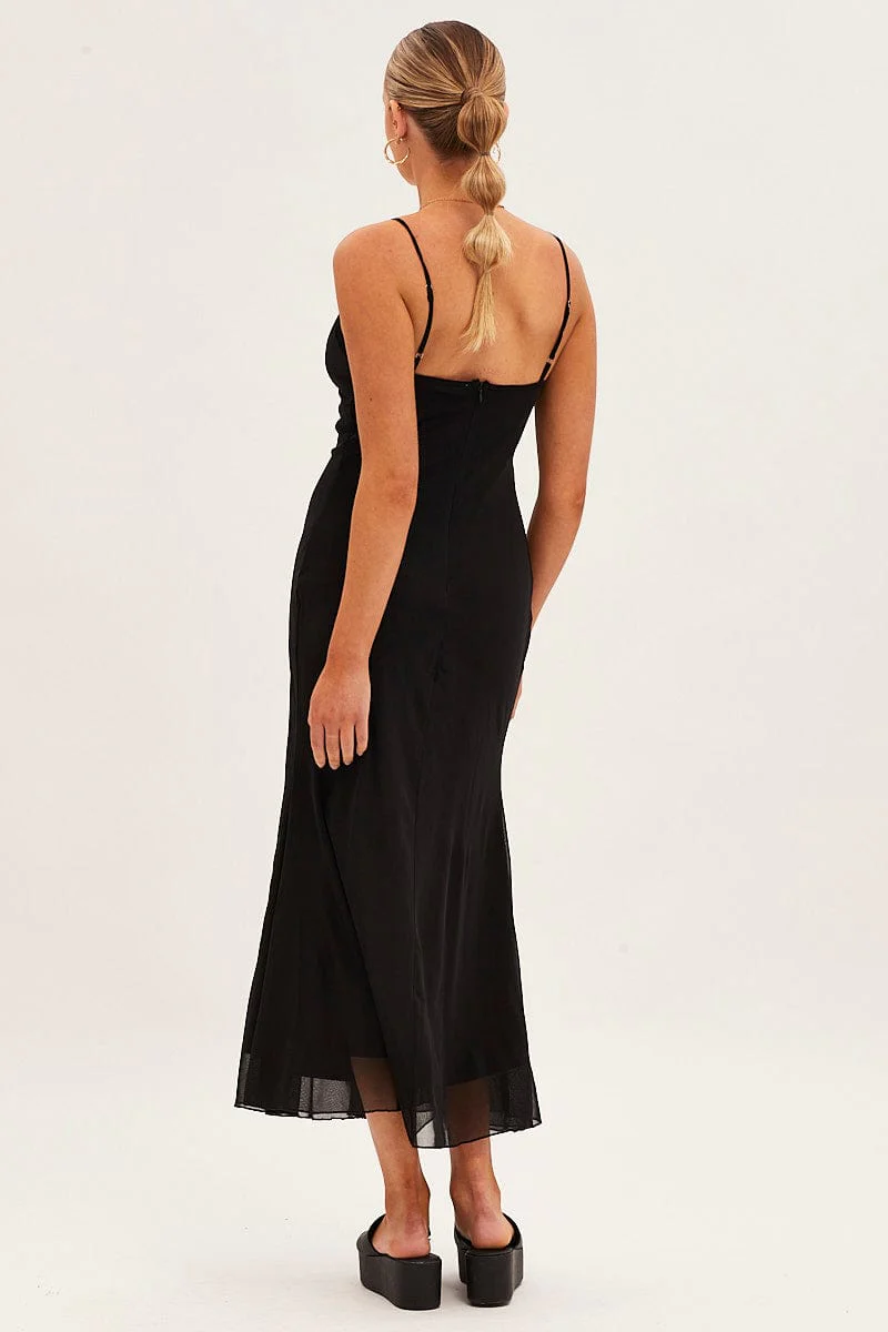 Black Maxi Dress Sleeveless Gathering Bust Mesh