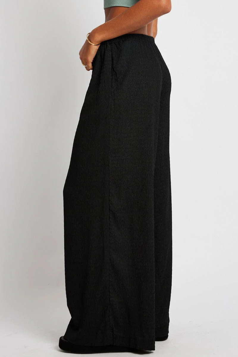 Black Wide Leg Pants High Rise Textured Fabric
