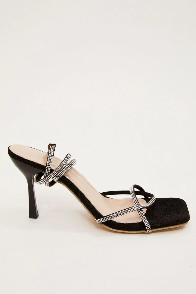 Black Rhinestone Decor Square Toe Ankle Strap Sandals