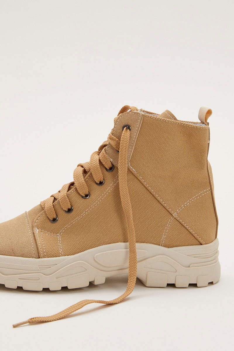 Beige Lace Up Hiking Boots