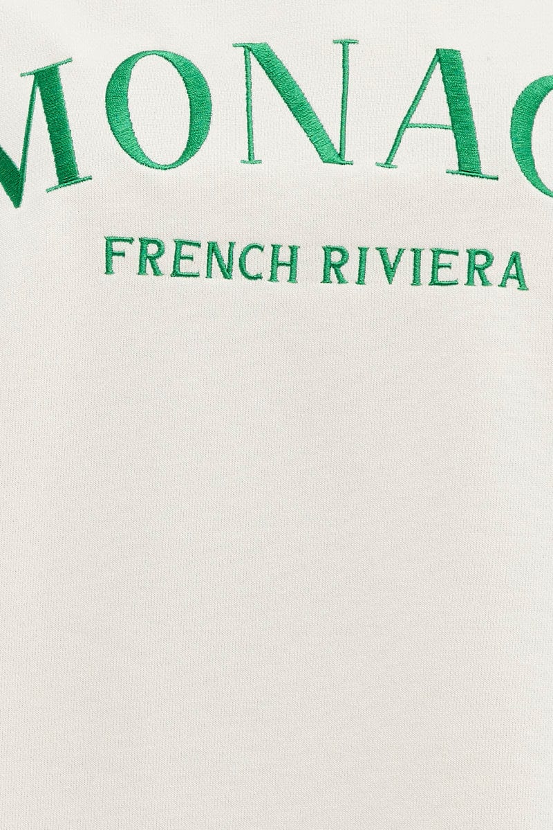 Cream Sweater Varsity Embroidered Monaco Slogan
