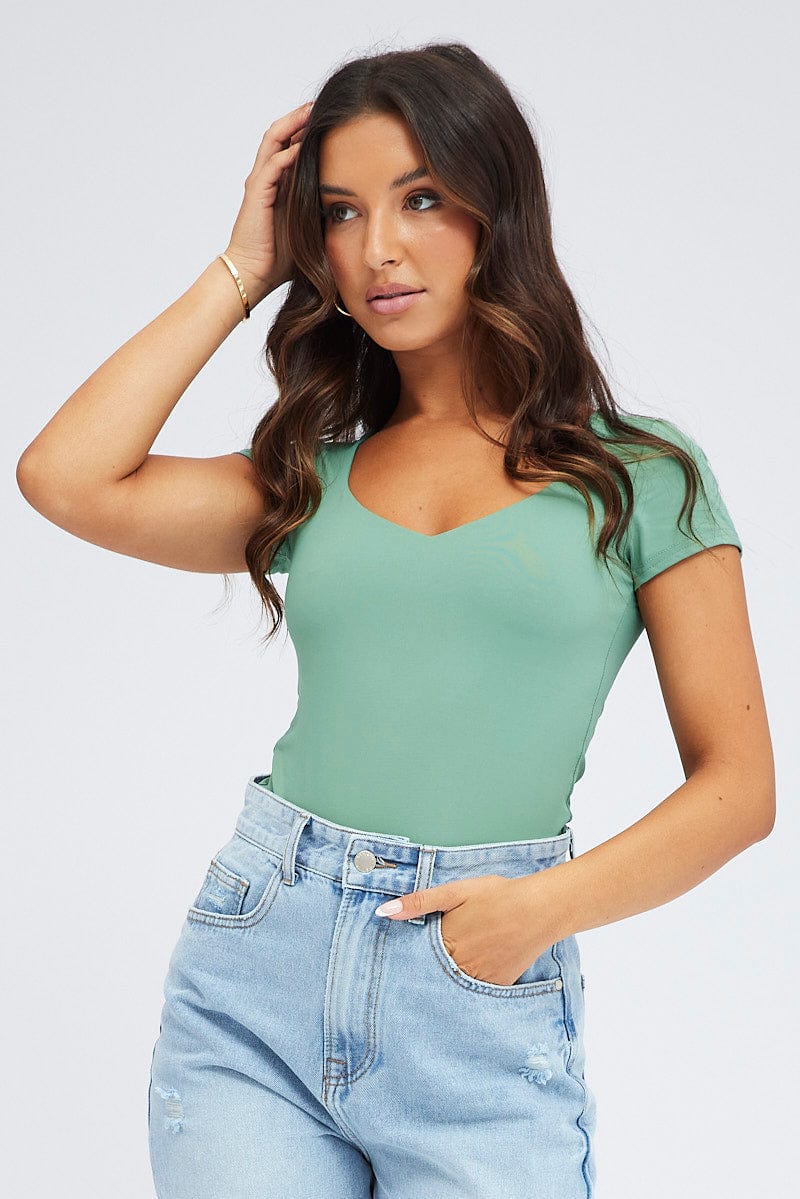 Green Bodysuit Long Sleeve Square Neck