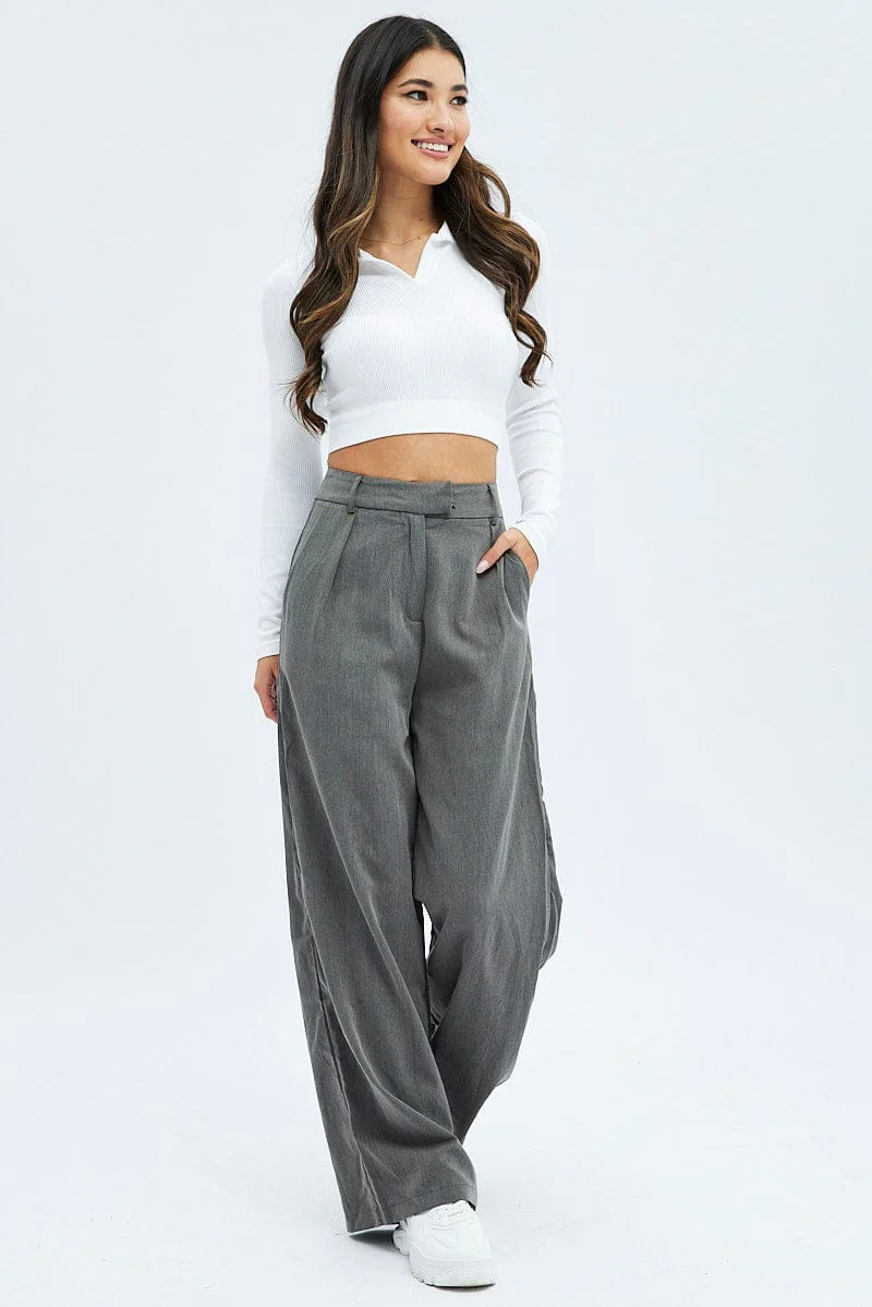 Grey Wide Leg Pants Low Rise