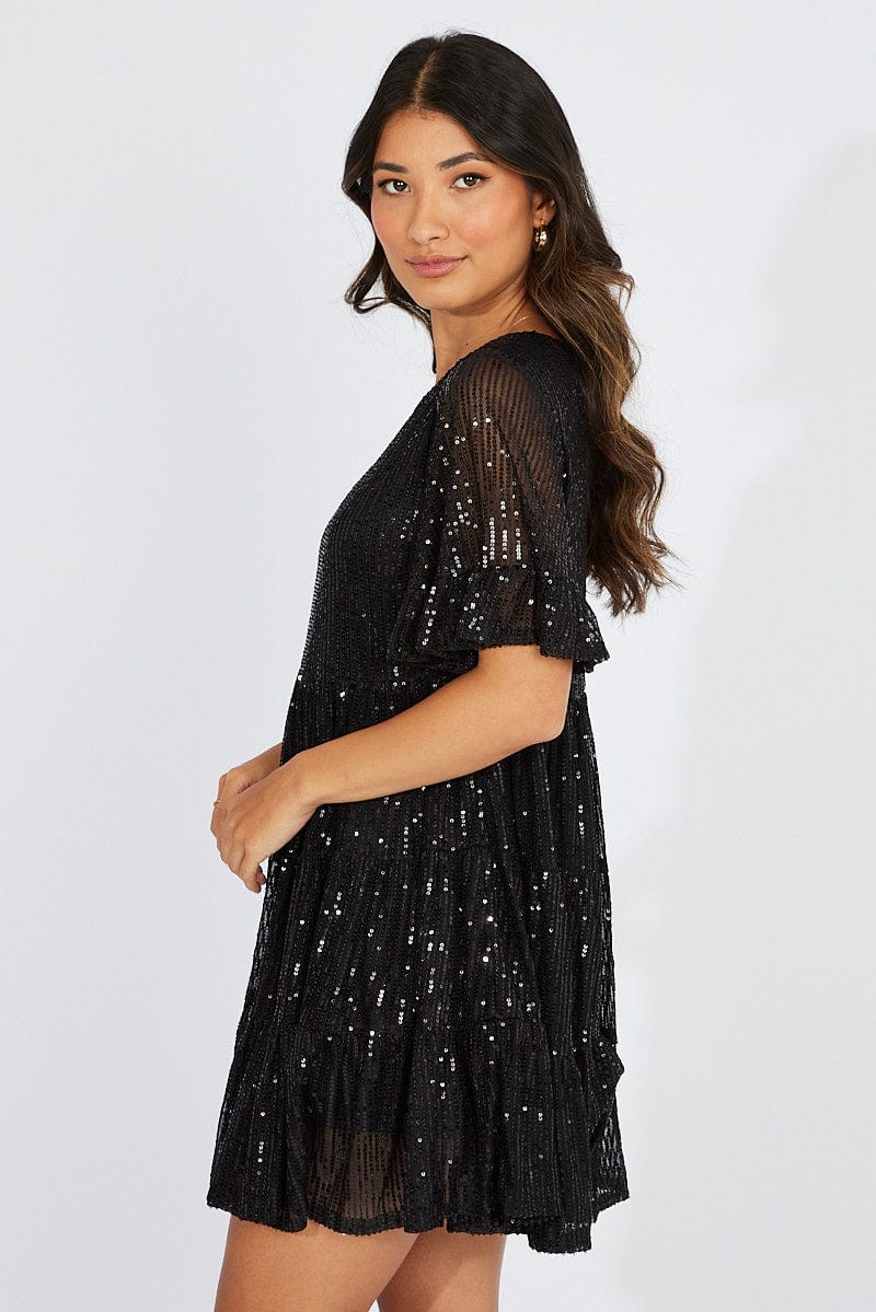 Black Smock Mini Dress Sequin Party