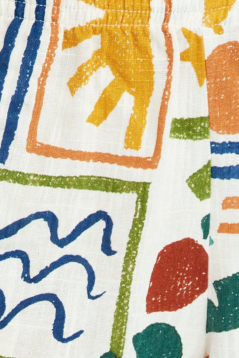 Green Abstract Shorts High Rise Linen Blend