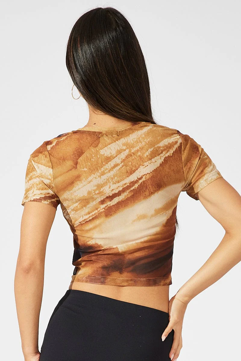 Brown Abstract Top Short Sleeve