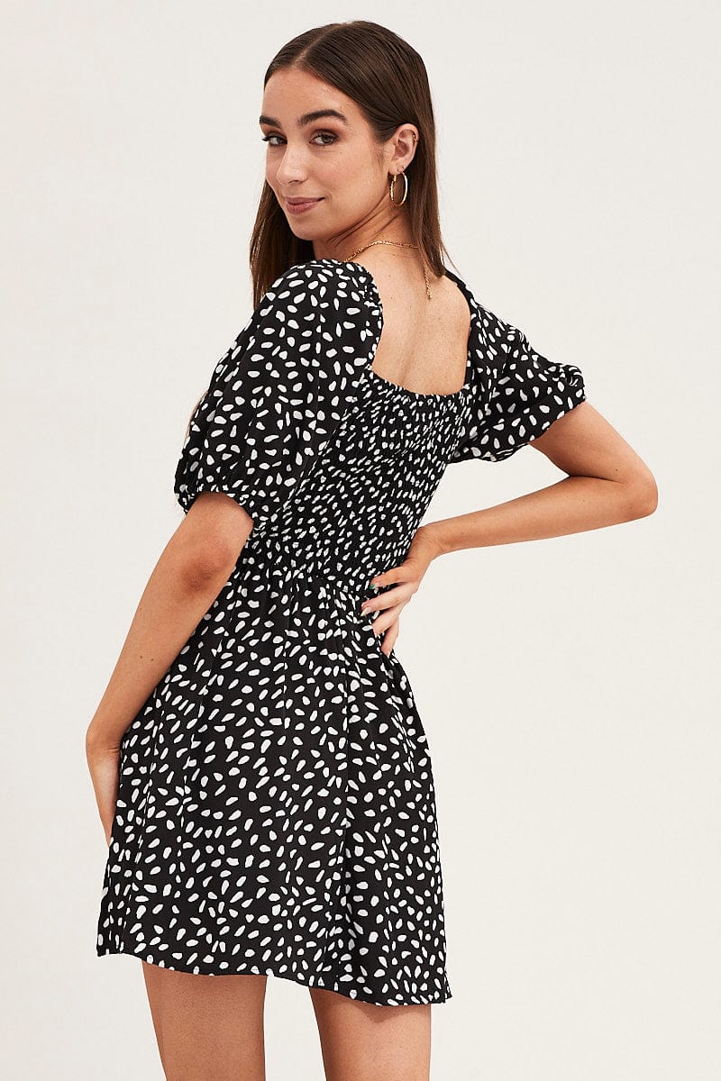 Print Puff Sleeve Skater Dress