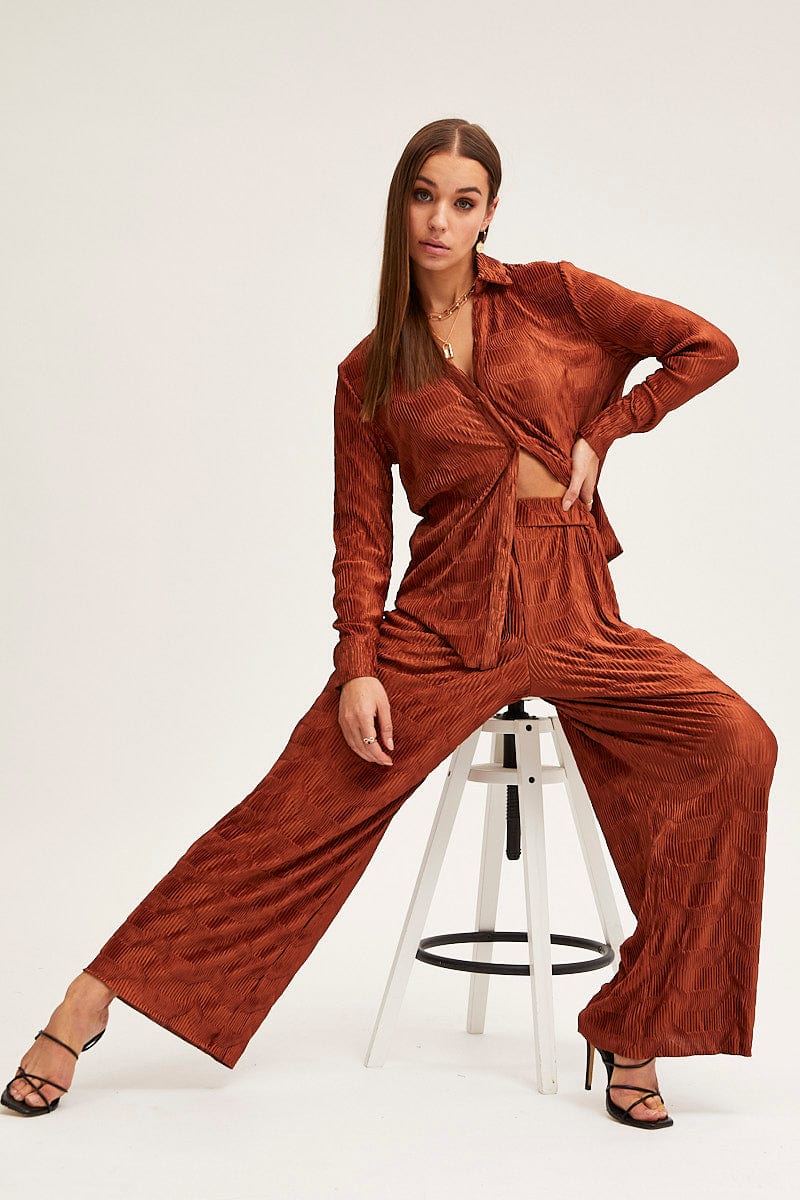 Brown Plisse Pants Wide Leg High Rise