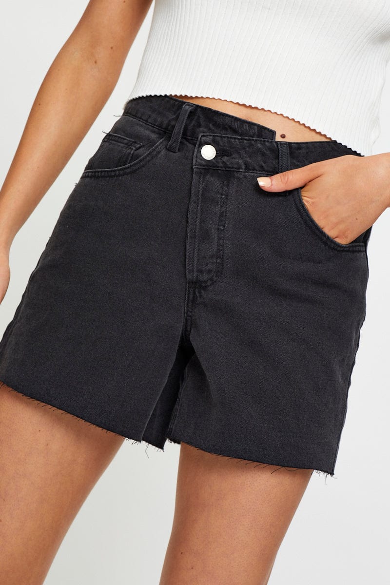 Black High Rise Asymmetric Denim Shorts