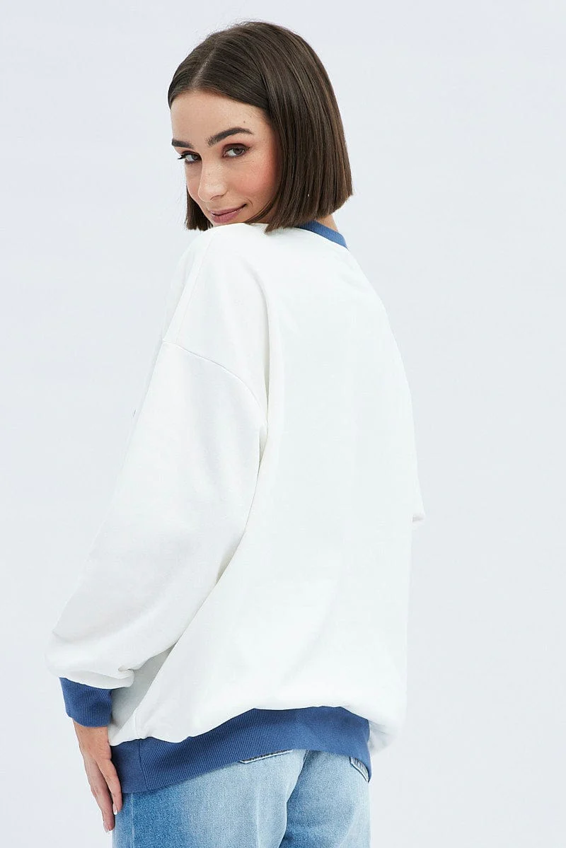 White Sweat Shirt Long Sleeve V-Neck Georgia Terry