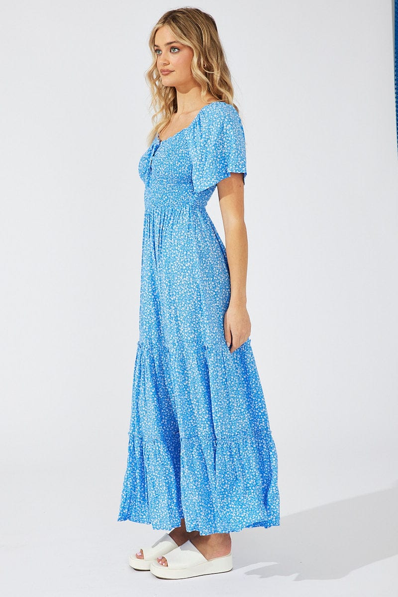Blue Ditsy Maxi Dress Short Sleeve Shirred
