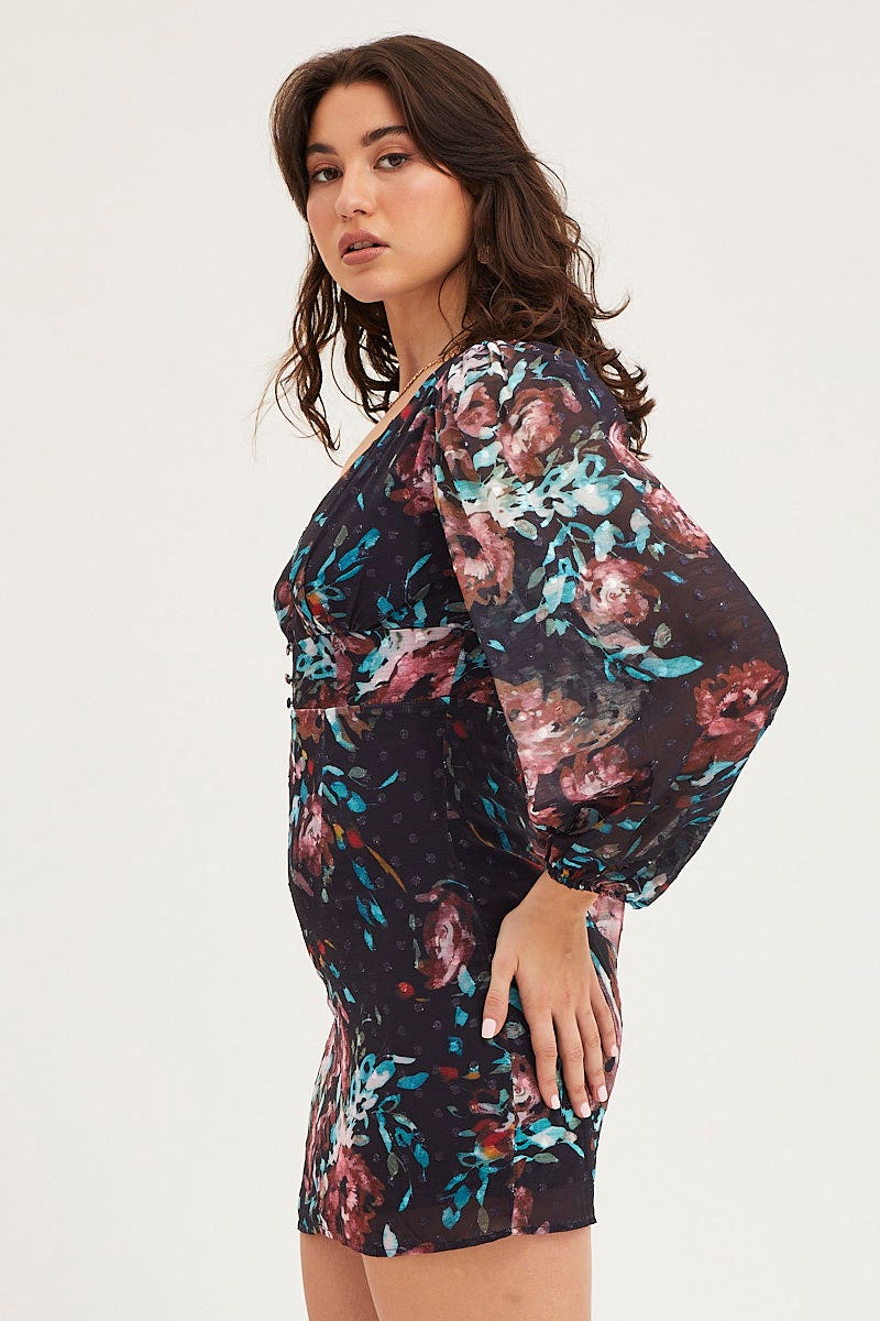 Print Mini Dress Long Sleeve Evening