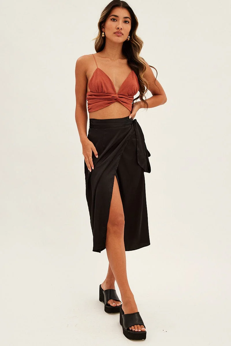 Black Tie Front Satin Midi Skirt