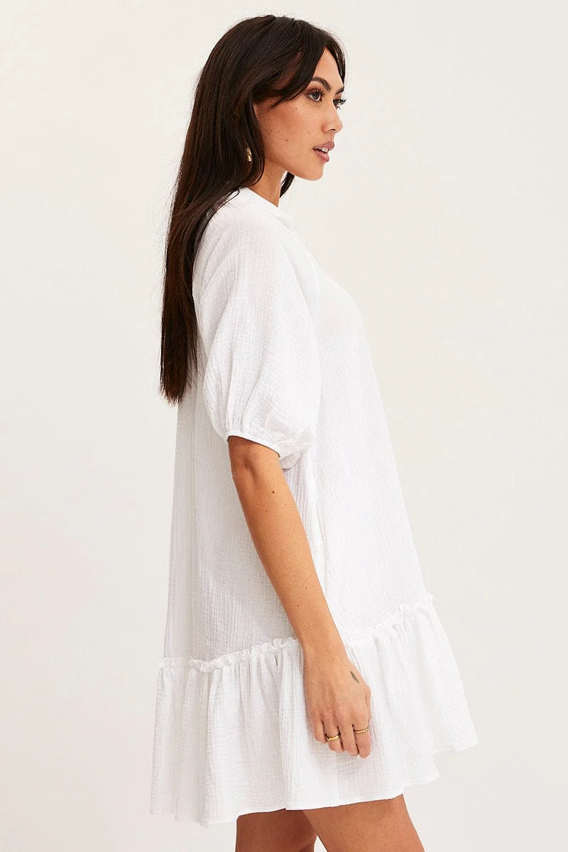 White Mini Dress Short Sleeve V Neck