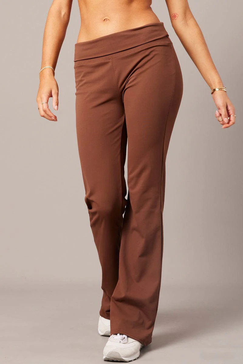 Brown Flared Pants Fold Up Waist Mid Rise