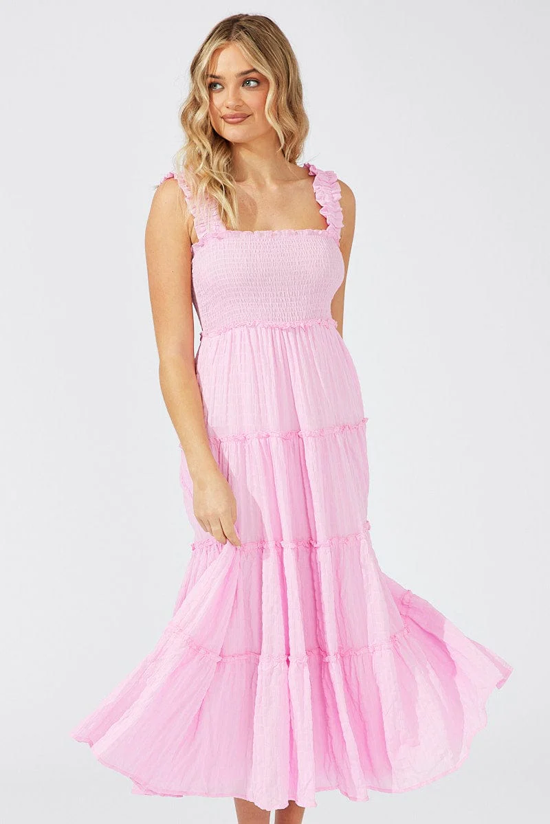 Pink Maxi Dress Shirred Bust Tiered