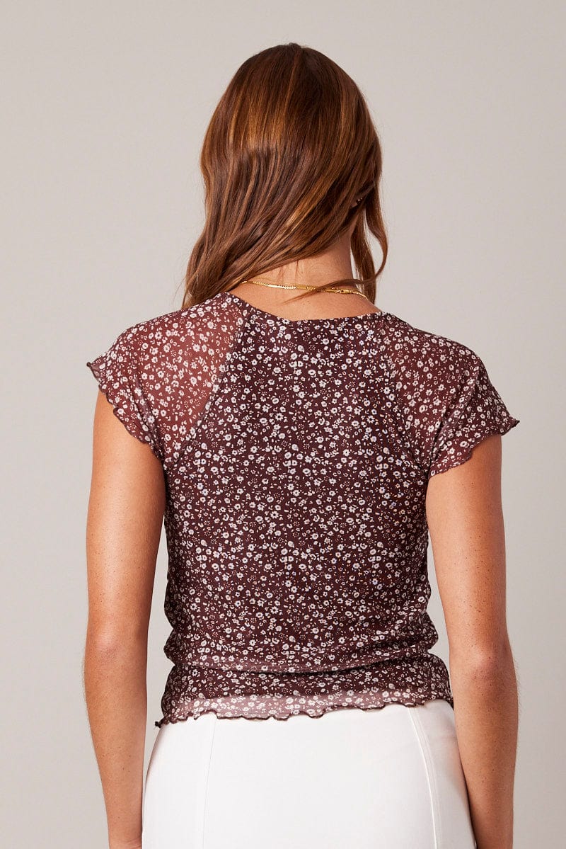Brown Ditsy Mesh Top Short Sleeve