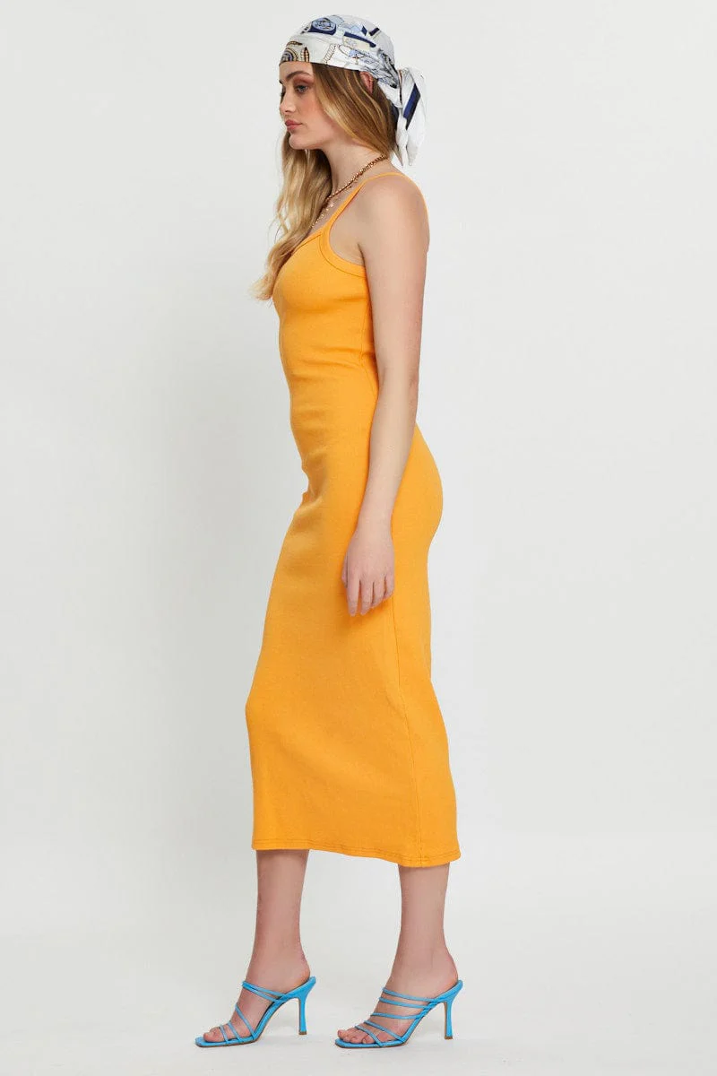 Orange Bodycon Dress Sleeveless Midi