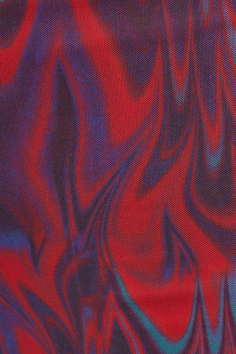 Red Abstract Mini Dress Long Sleeve V-Neck Bodycon Keyhole