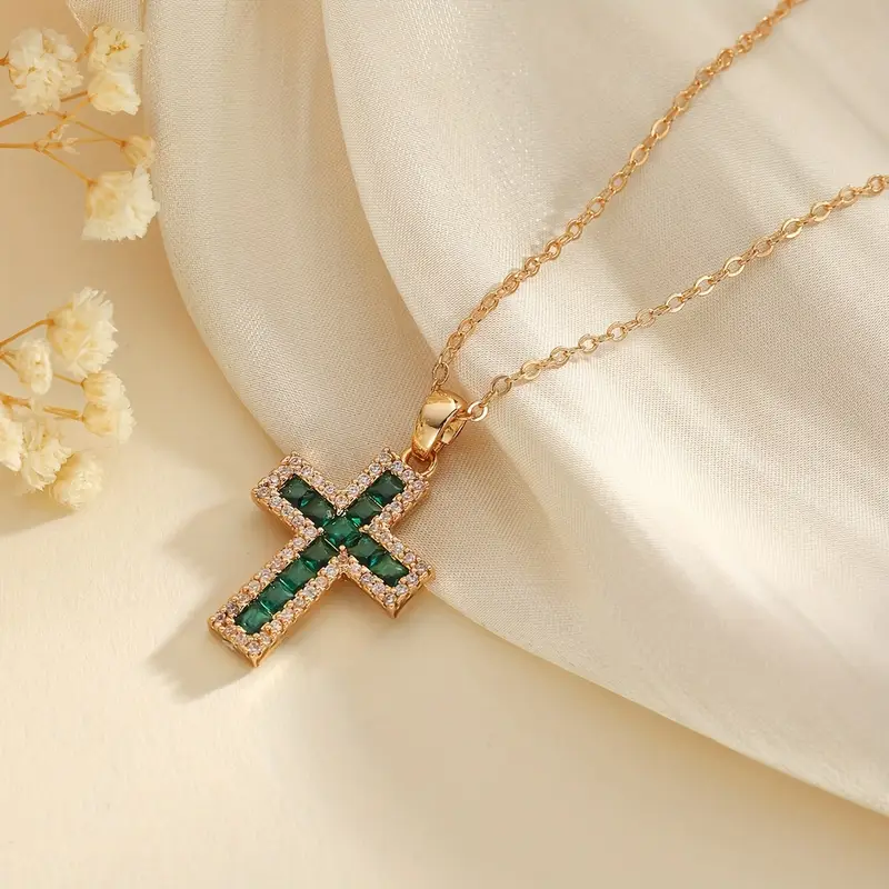 Solene Emerald Cross Pendant Gold Necklace