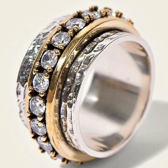 Zirconia-Studded Vintage Gold and Silver Ring