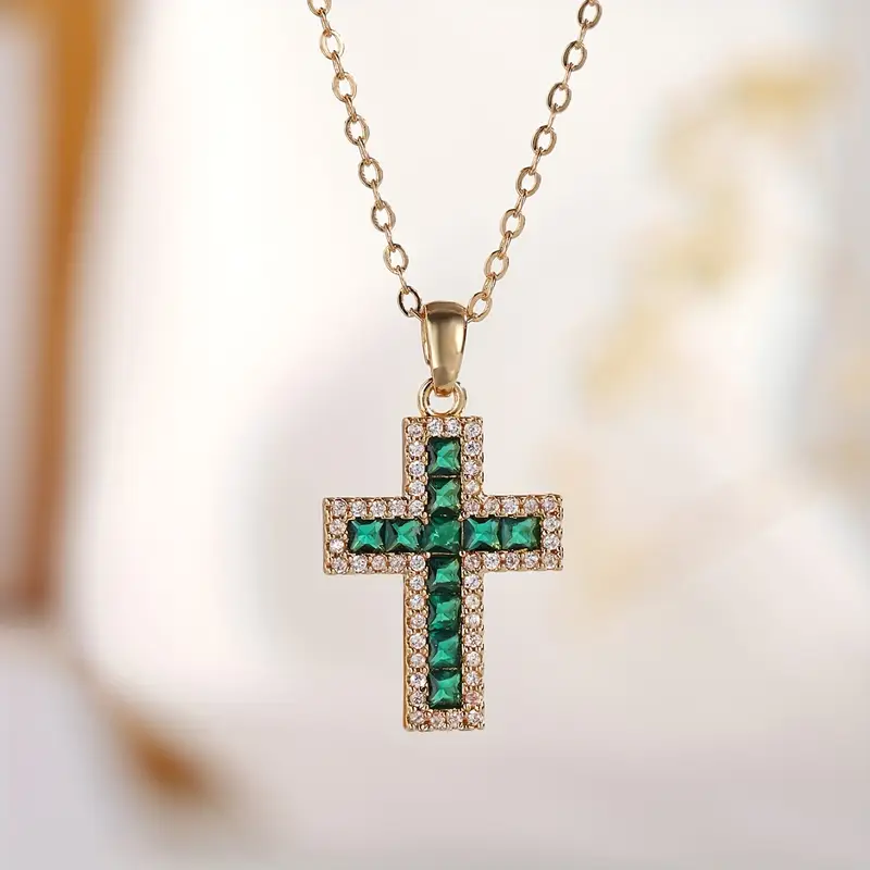 Solene Emerald Cross Pendant Gold Necklace