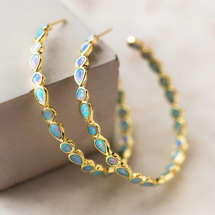 Vintage Blue Opal Golden Circle Earrings
