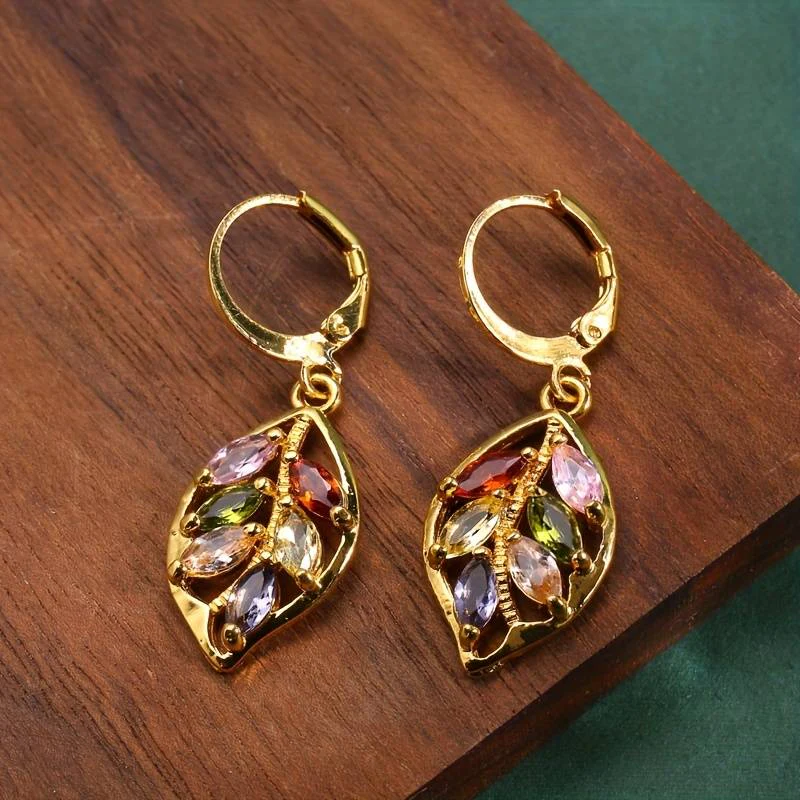 Colored Zirconia Vintage Gold Leaf Earrings