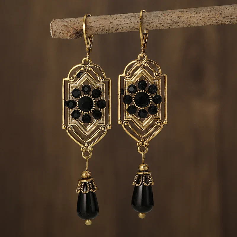 Hanging Vintage Earrings Adorned with Black Crystals