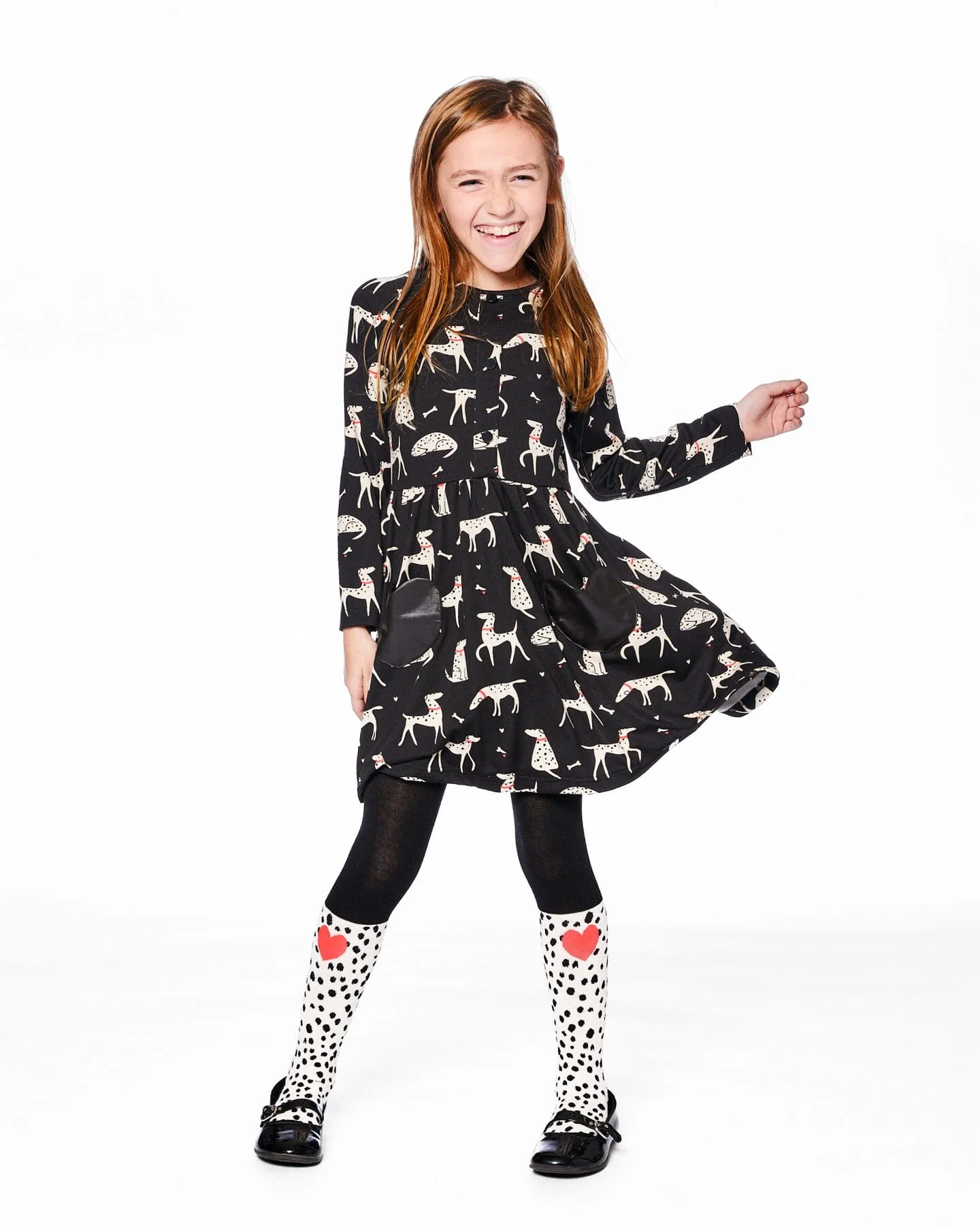Half Button Jersey Dress Black Dalmatian Print - Deux par Deux