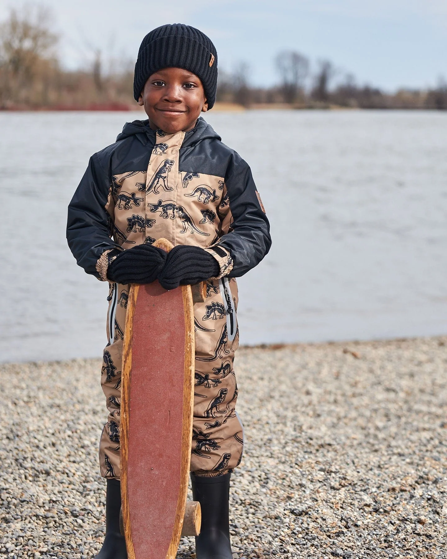 Printed Mid-Season One-Piece Outerwear Black Dinosaur On Beige Background - Deux par Deux