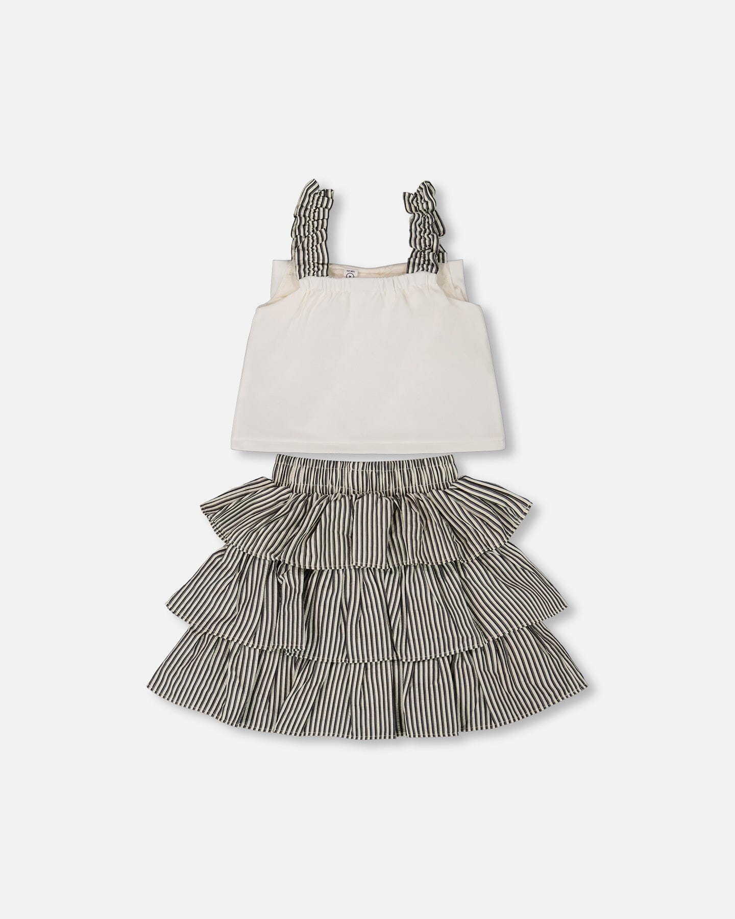 Bow Top And Ruffled Skirt Set White And Black Striped - Deux par Deux