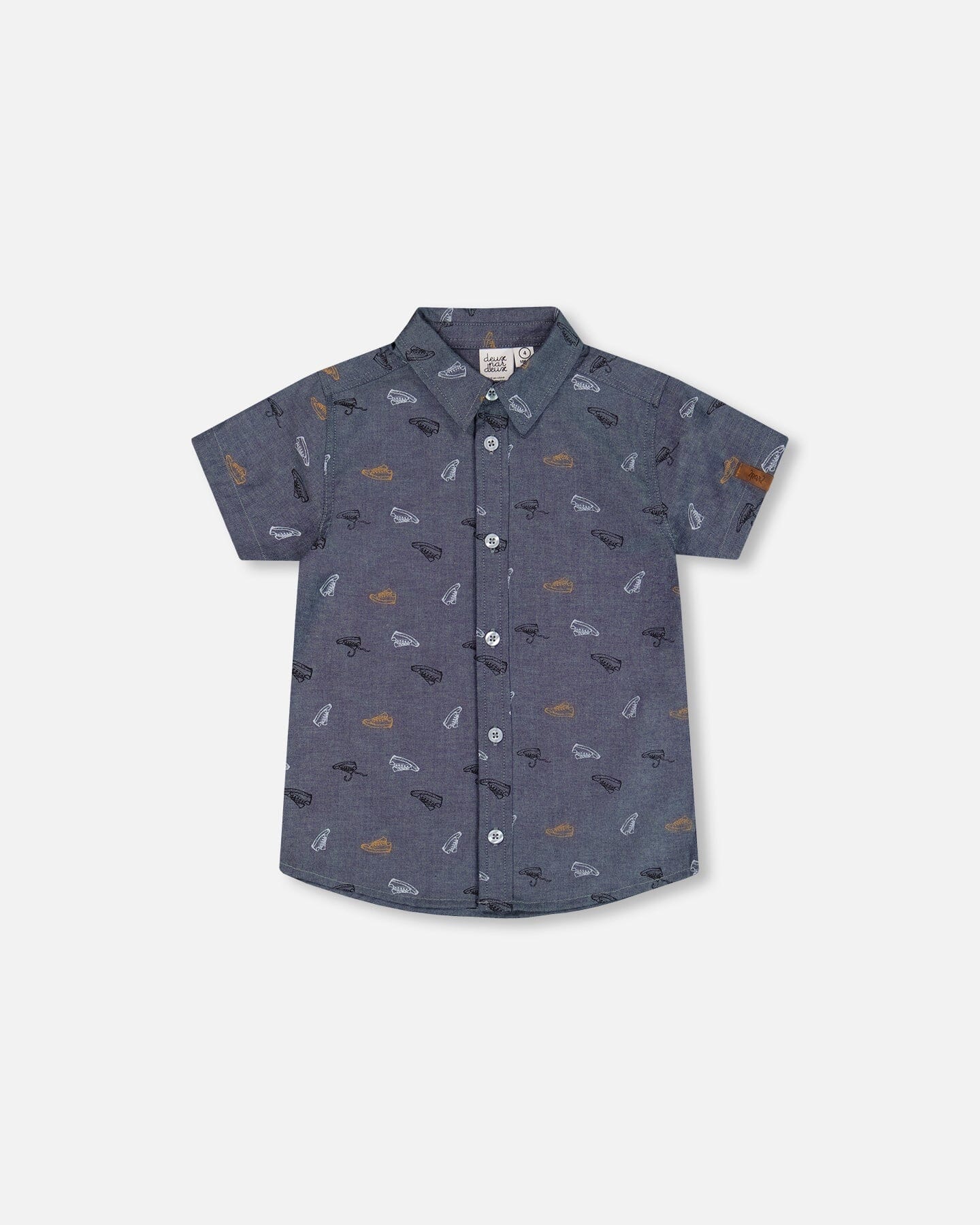 Printed Chambray Short Sleeve Shirt Gray, White And Tan - Deux par Deux