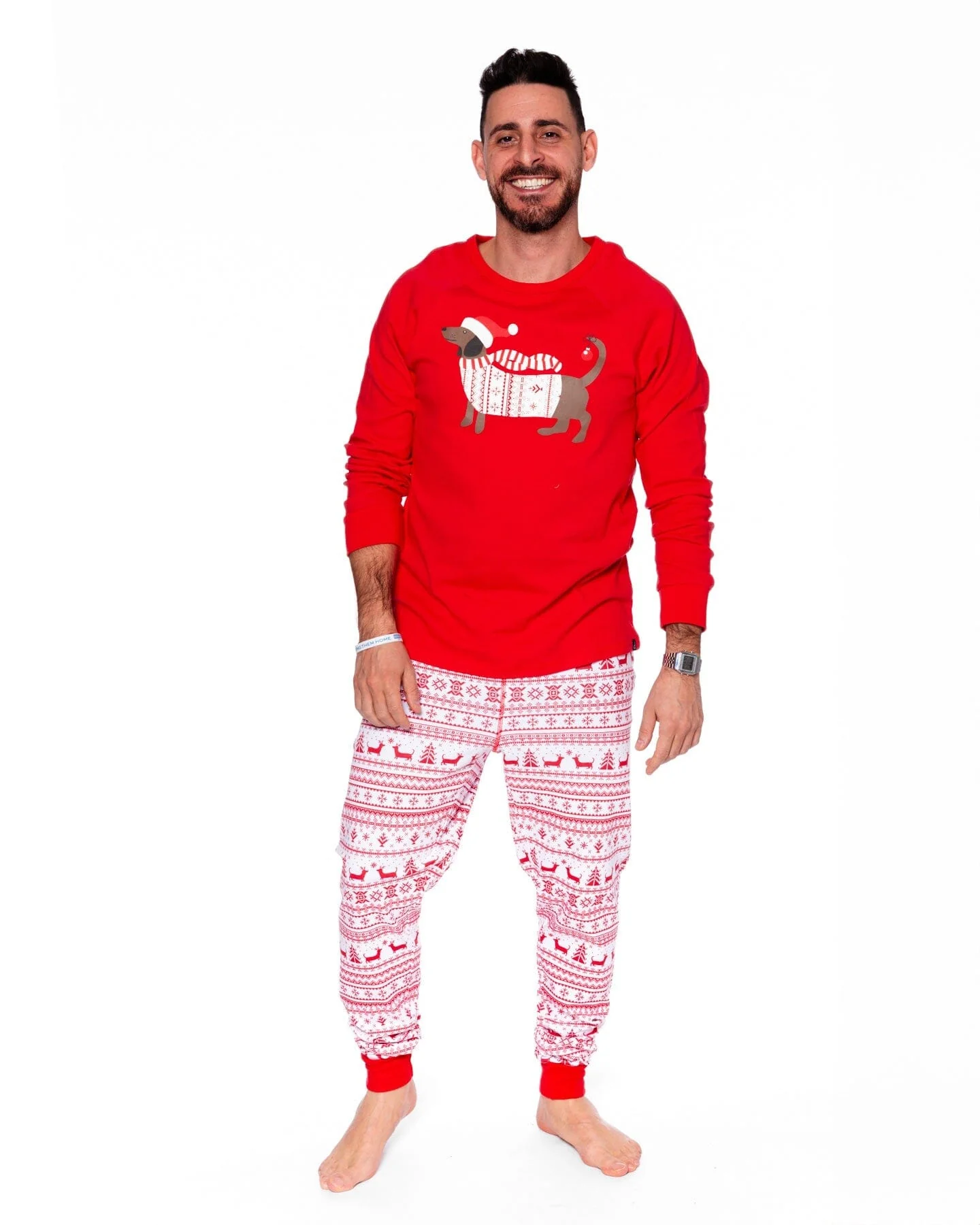 Adult Men Organic Cotton Two-Piece Pajama Set Red And White Fairisle - Deux par Deux