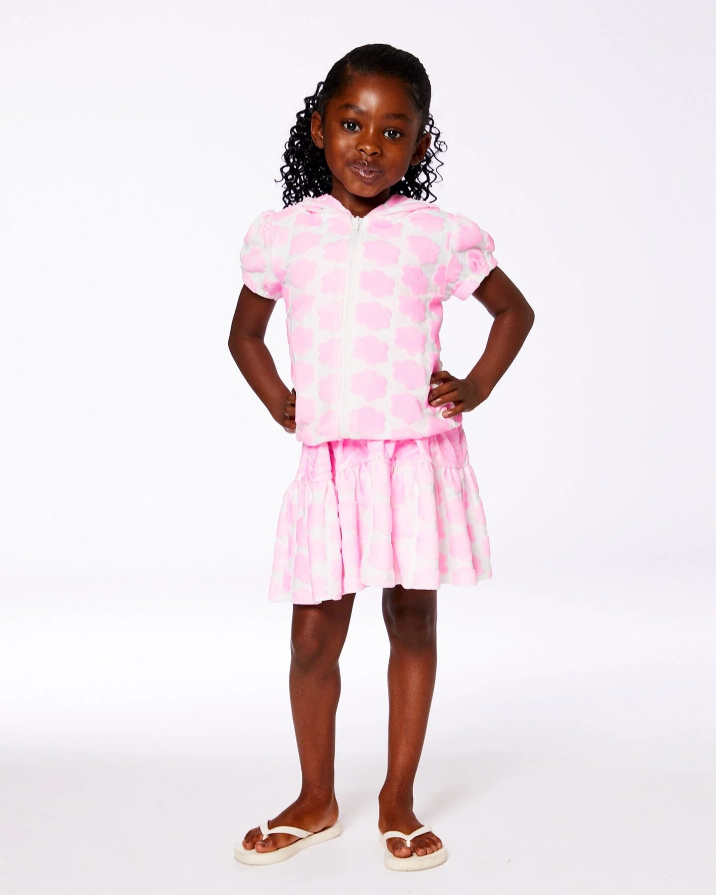 Printed Terry Short Sleeve Hoodie Cardigan Vibrant Pink And White - Deux par Deux