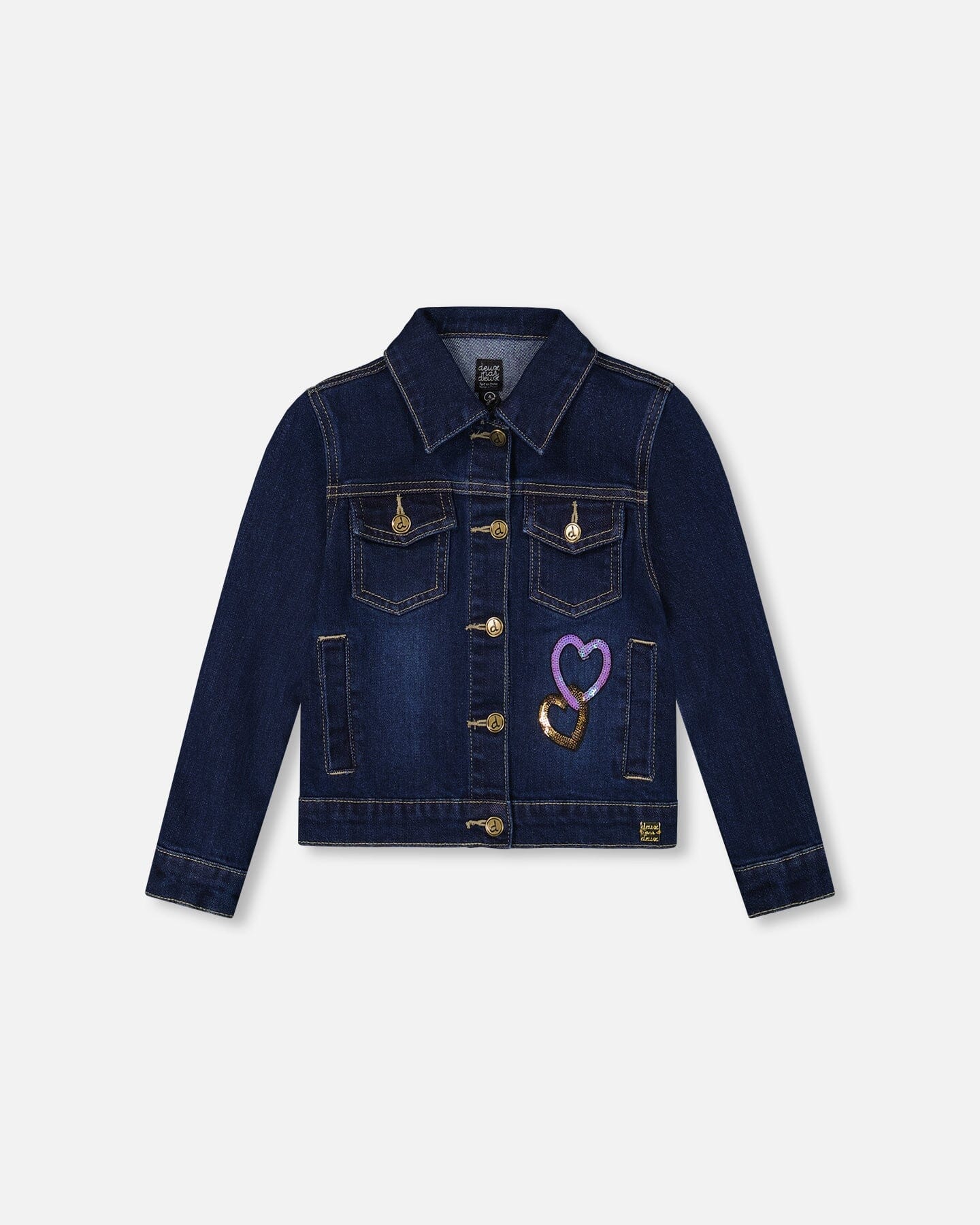 Stretch Denim Jacket Dark Blue With Glittery Hearts And Unicorn - Deux par Deux