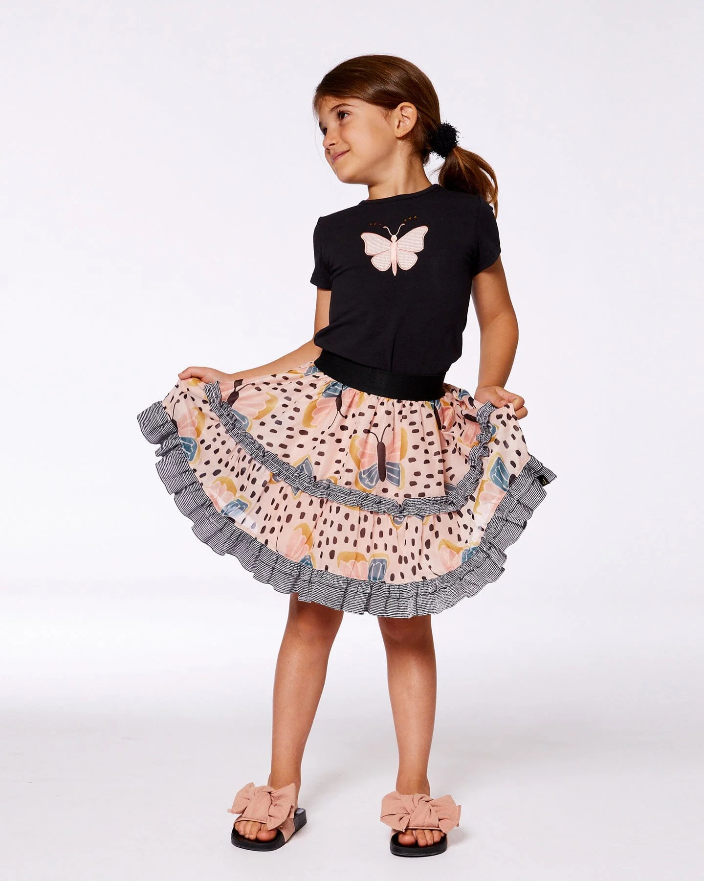 Printed Ruffle Skirt Black And Pink Butterflies - Deux par Deux