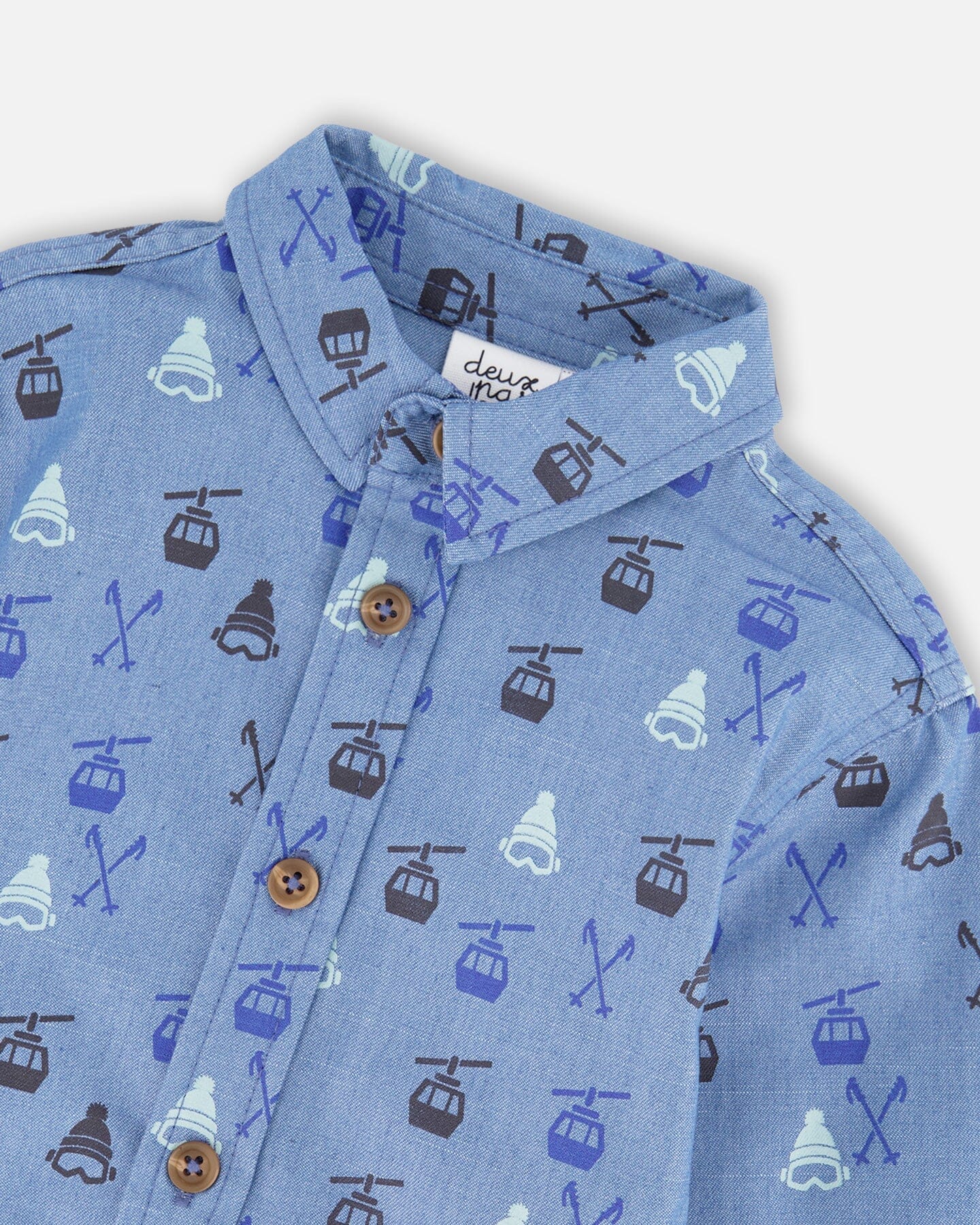 Printed Long Sleeve Button Front Chambray Shirt Blue - Deux par Deux