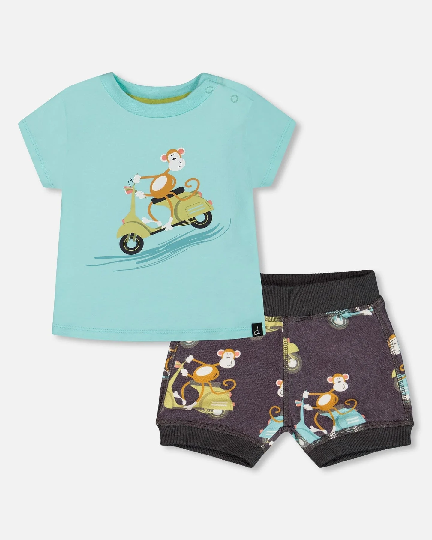 Two-Piece Top And Short Set Monkey On Navy And Turquoise Moped - Deux par Deux