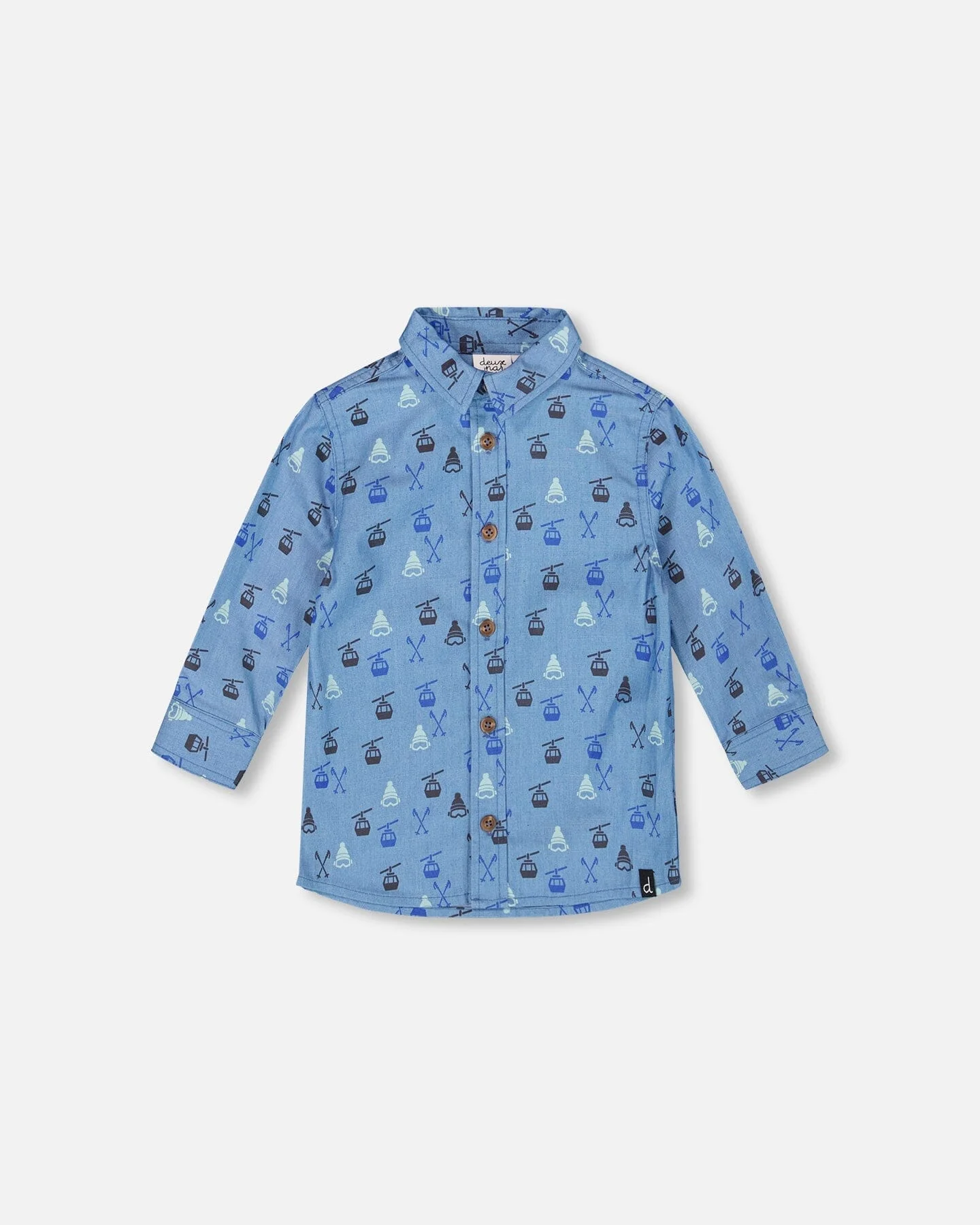 Printed Long Sleeve Button Front Chambray Shirt Blue - Deux par Deux