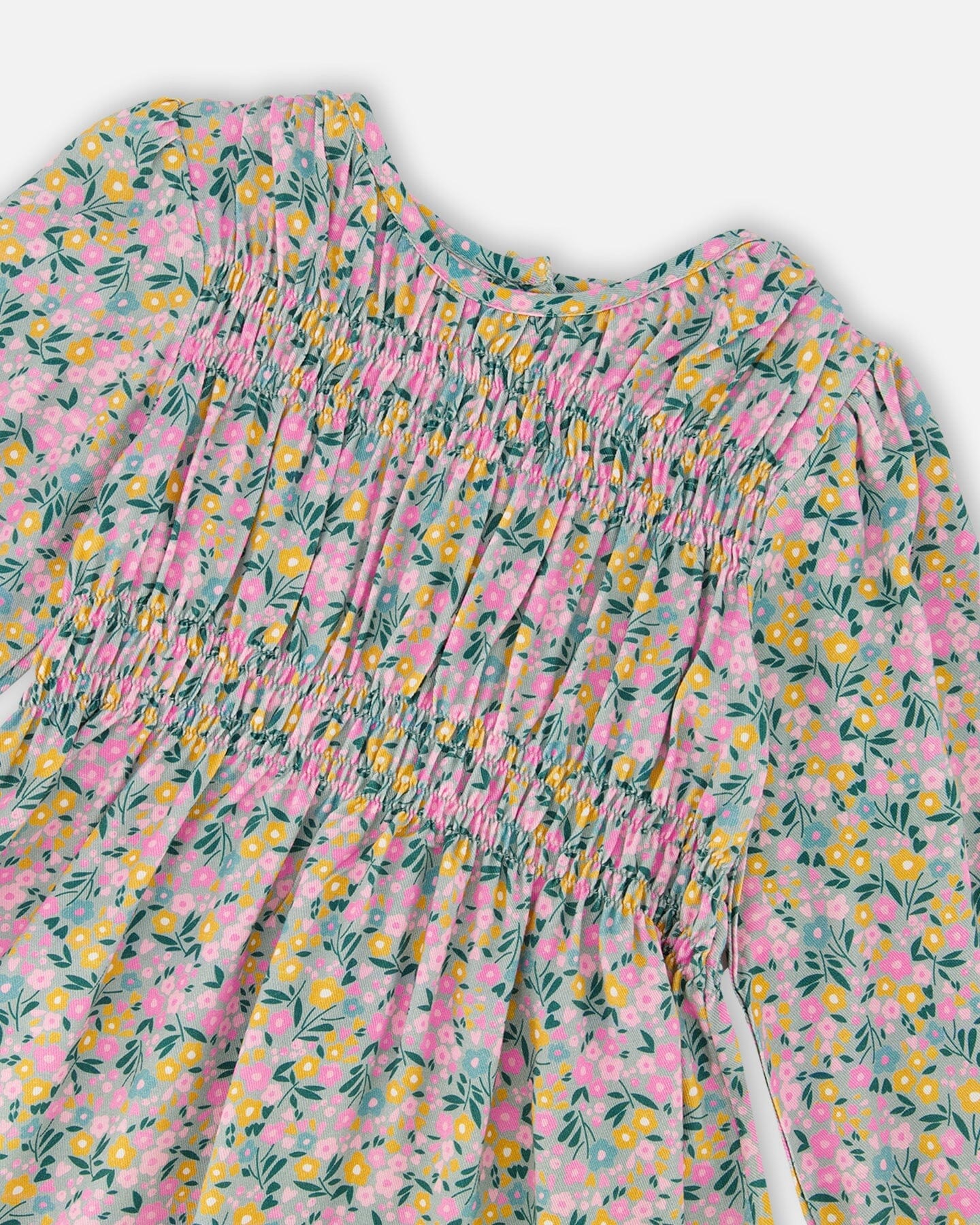 Smocked Viscose Dress Green With Floral Print - Deux par Deux