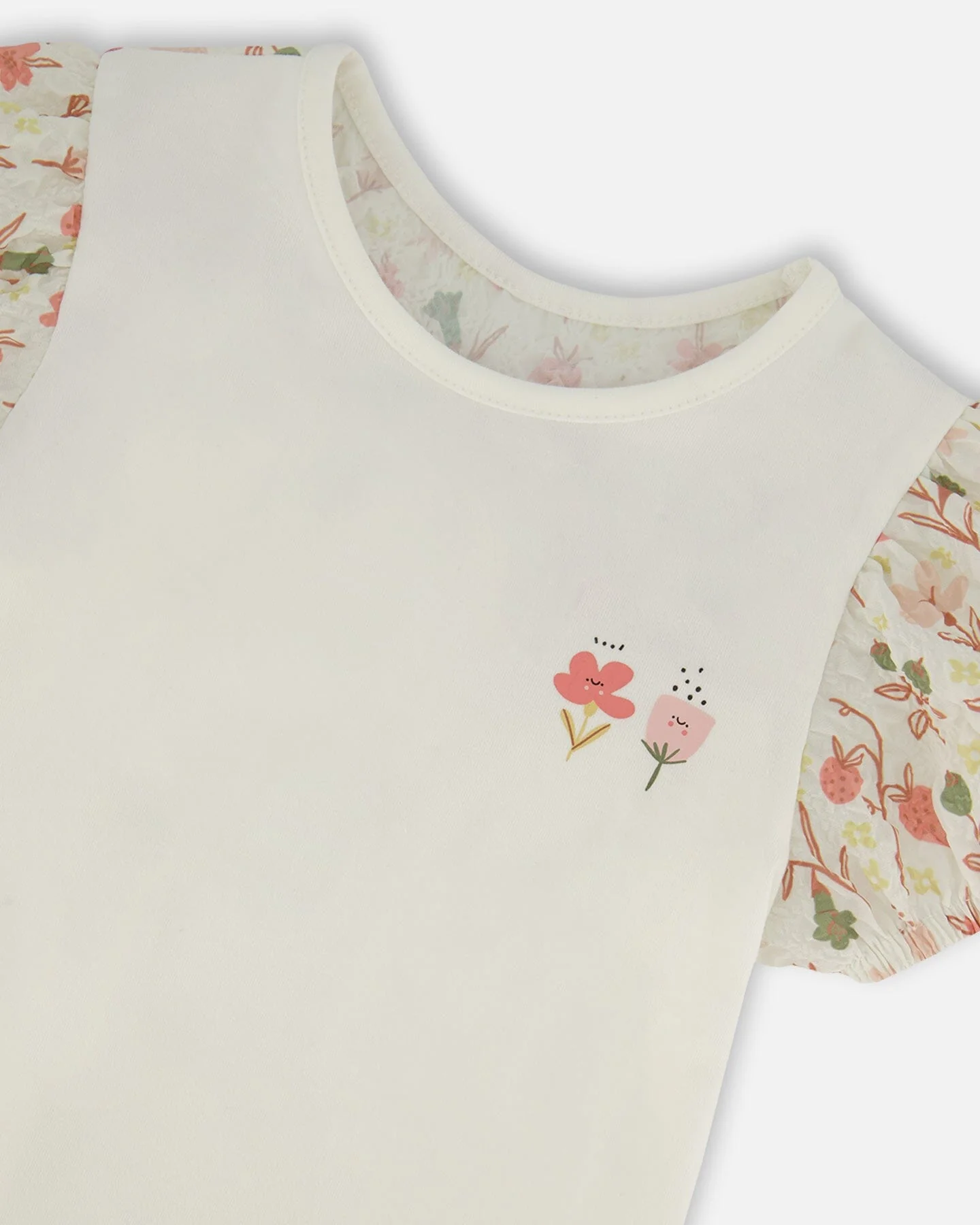 Bi-Material Organic Cotton Top With Puff Sleeve Pink Flowers On Cream Background - Deux par Deux